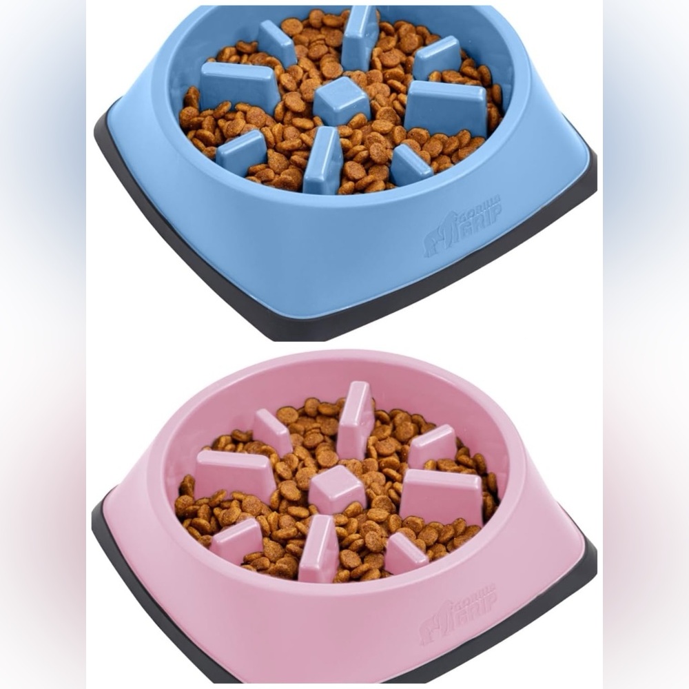GORILLA GRIP Slow Feeder Dog Bowls, 2 Cup, 1 pink 1 blue bundle